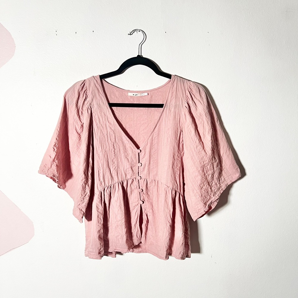 100% Cotton Puff Sleeve Top Large Pink Casual Cottagecore Milkmaid